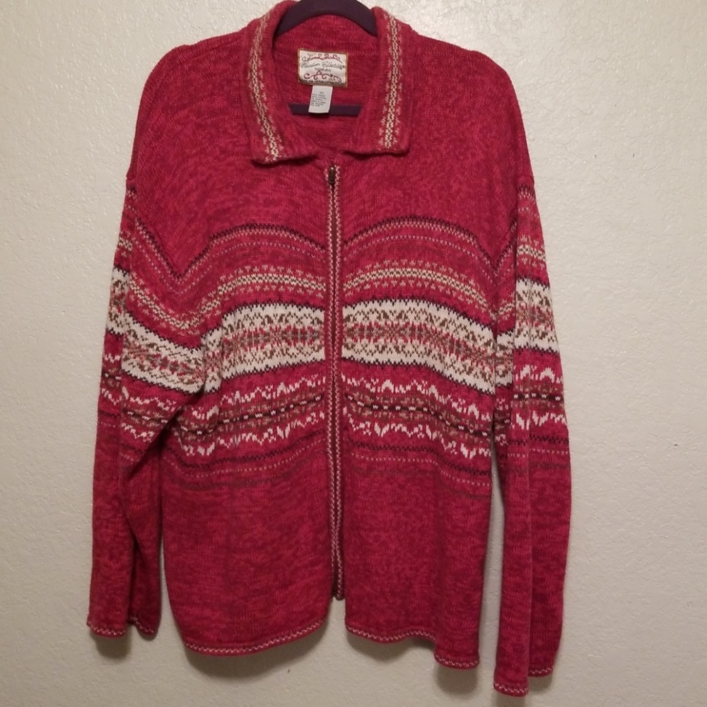 Zippered Sweater Cardigan Red Cream 3x